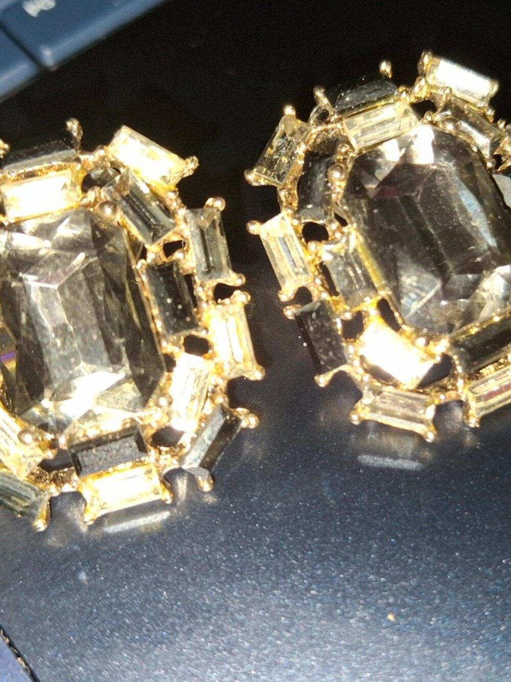 Smoky goldtone sparkly pierced earrings rhinestone baguette shapes